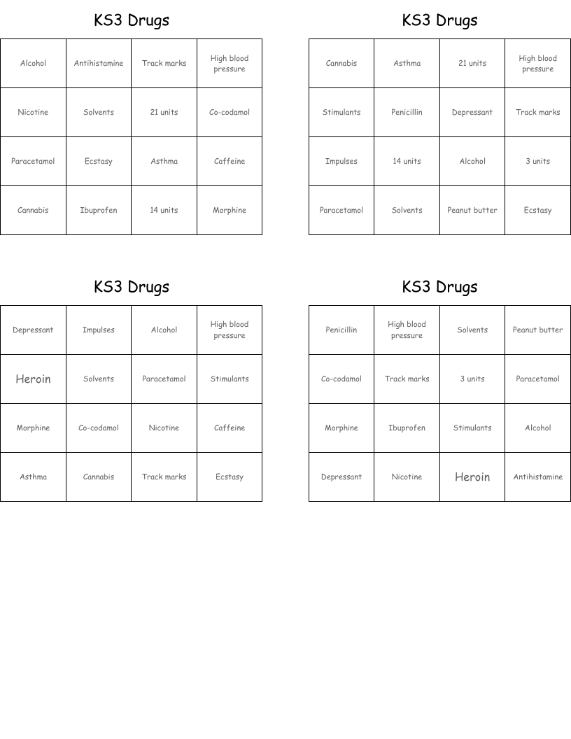 KS3 Drugs Bingo Cards