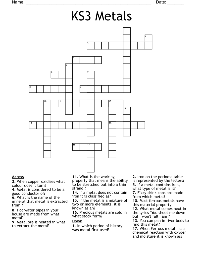 KS3 Metals Crossword