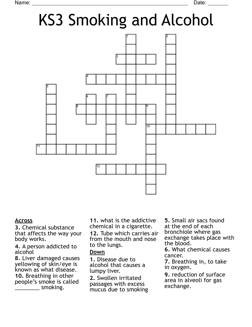 KS3 Smoking and Alcohol Crossword