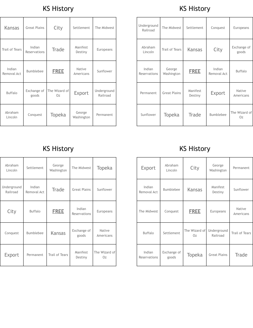 KS History Bingo Cards