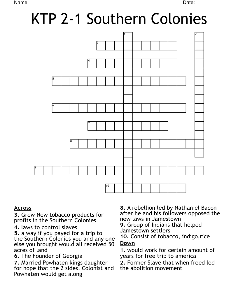 KTP 2-1 Southern Colonies Crossword