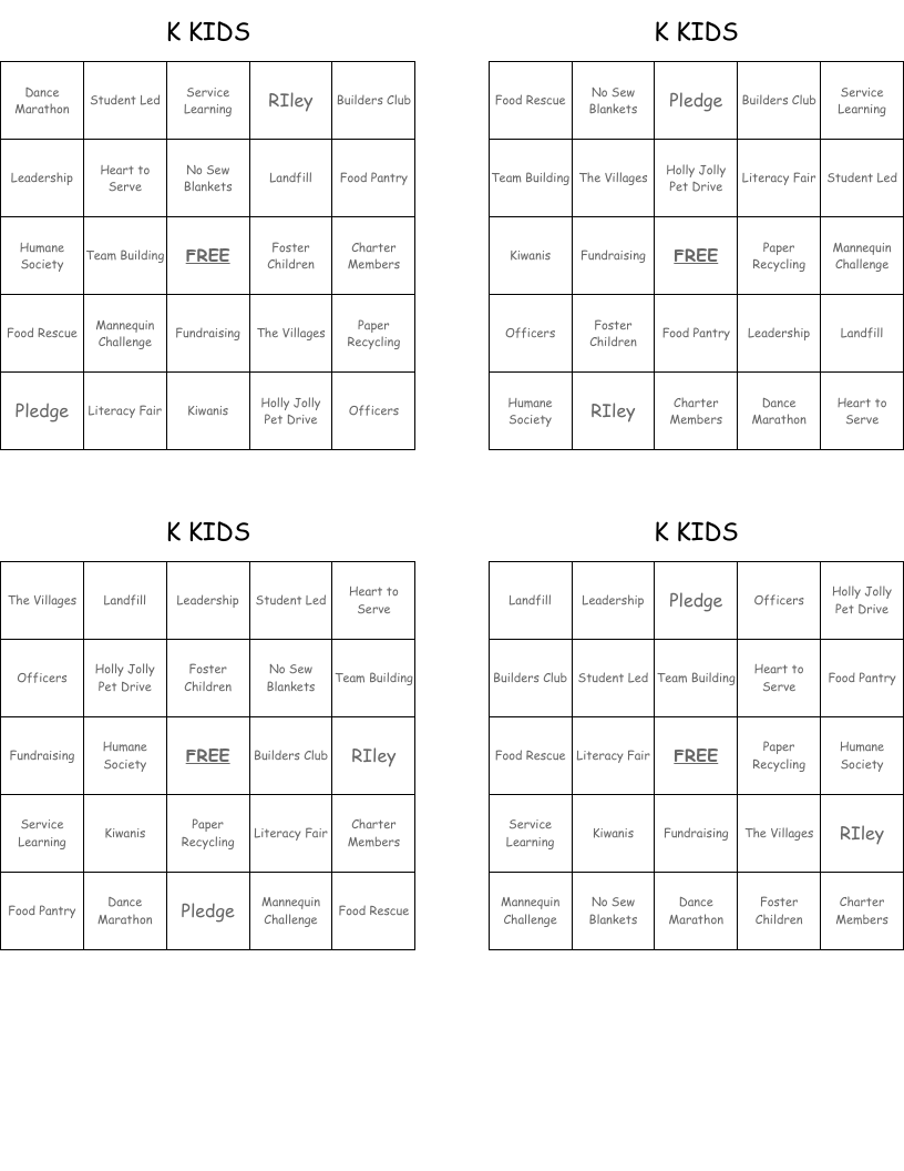K KIDS Bingo Cards