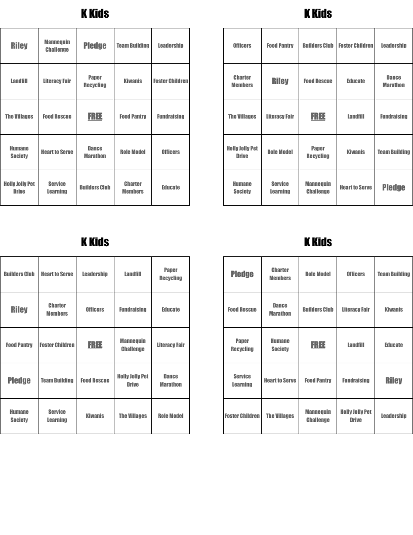 K Kids Bingo Cards