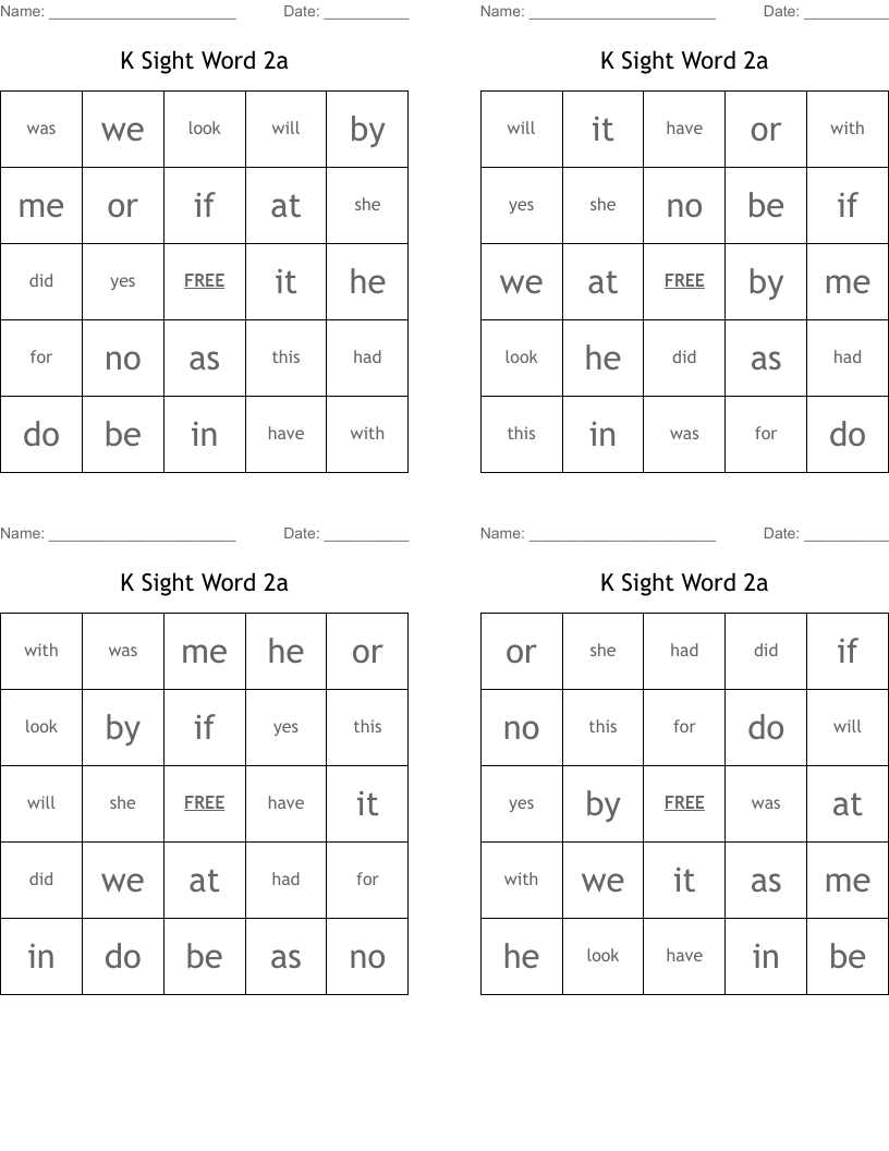 K Sight Word 2a Bingo Cards