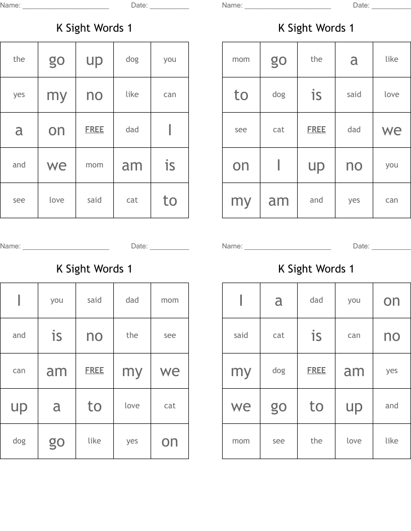 K Sight Words 1 Bingo Cards