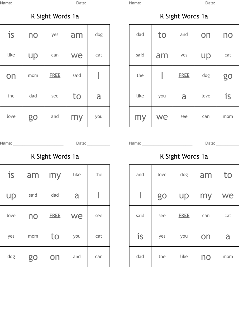 K Sight Words 1a Bingo Cards