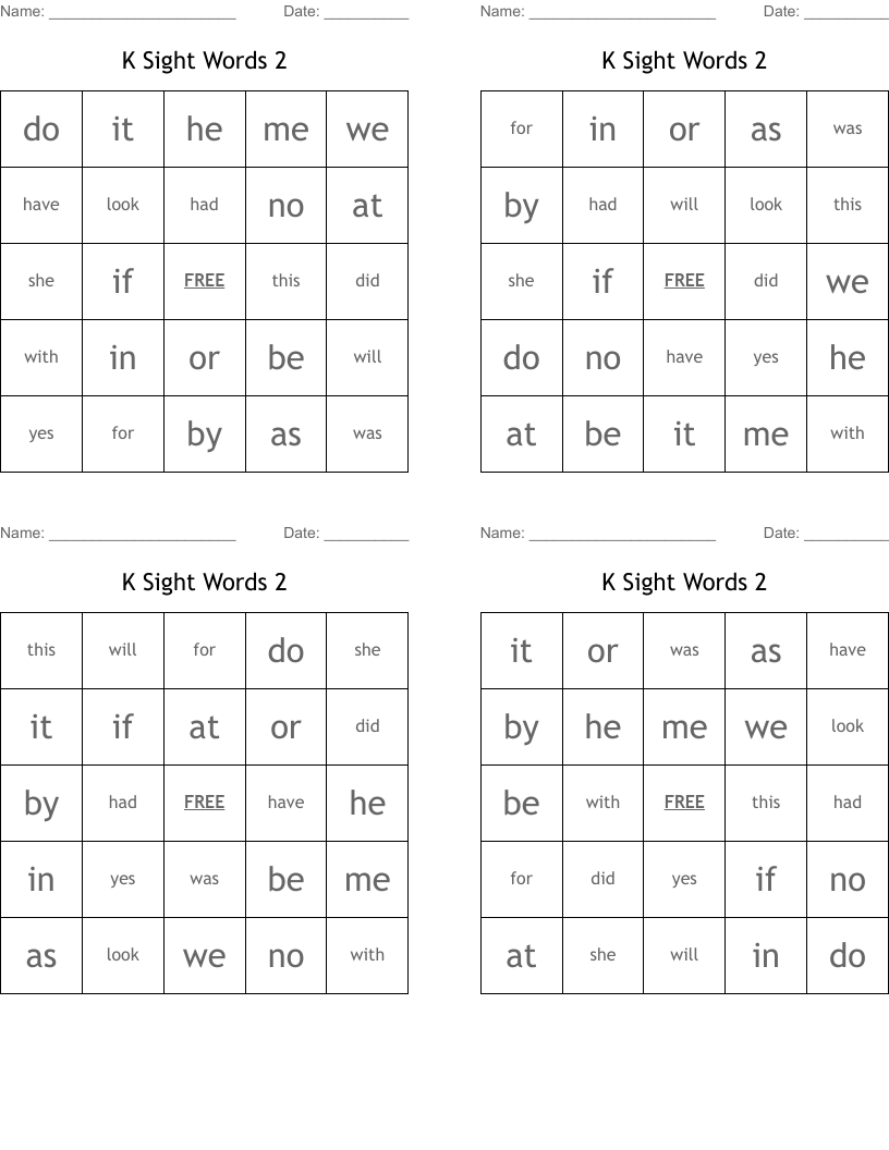 K Sight Words 2 Bingo Cards