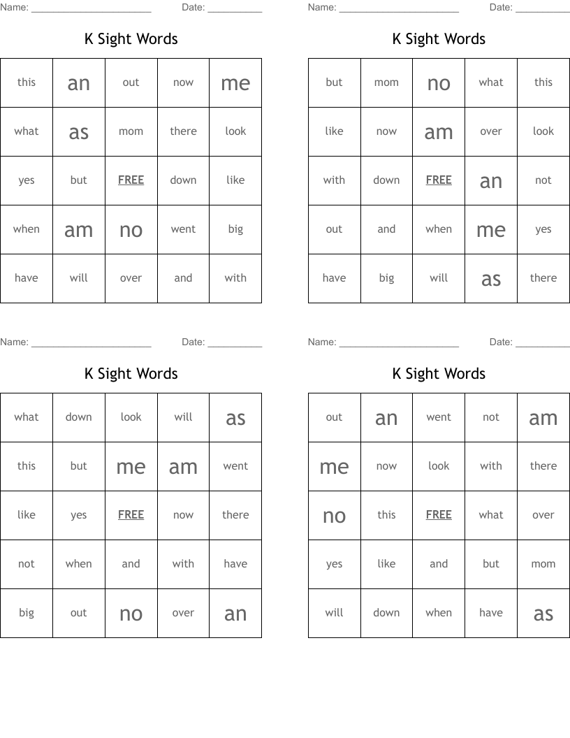 K Sight Words Bingo Cards
