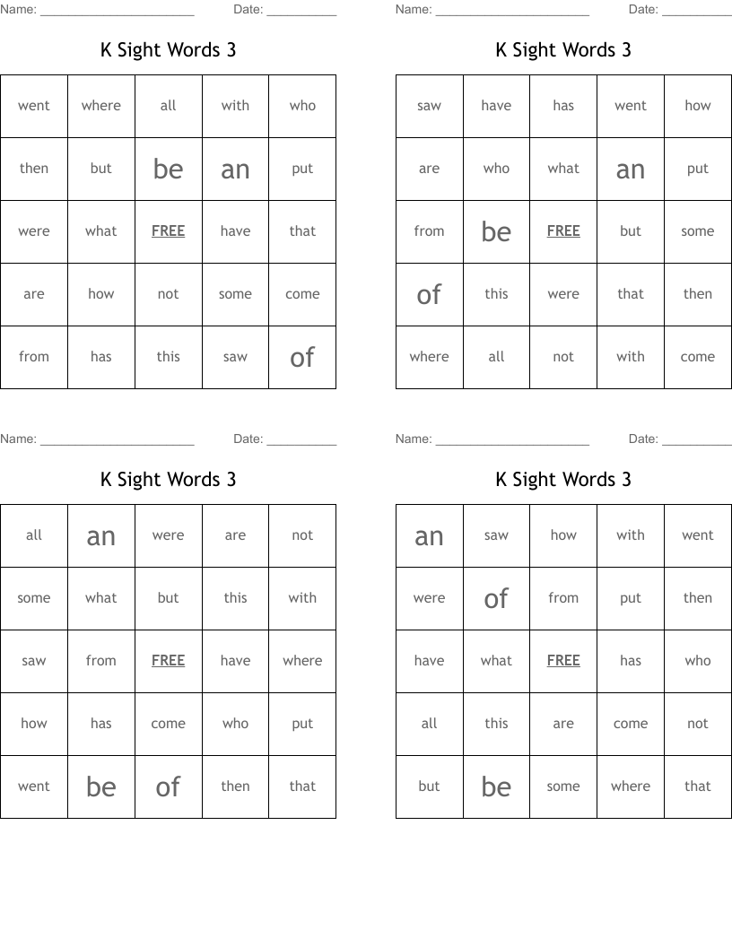 K Sight Words 3 Bingo Cards
