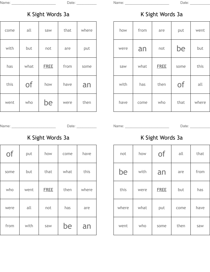 K Sight Words 3a Bingo Cards
