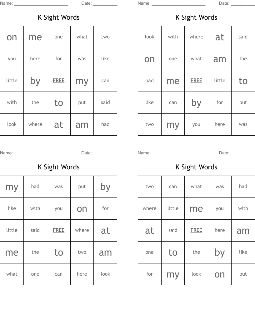 K Sight Words Bingo Cards