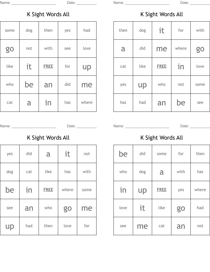 K Sight Words All Bingo Cards