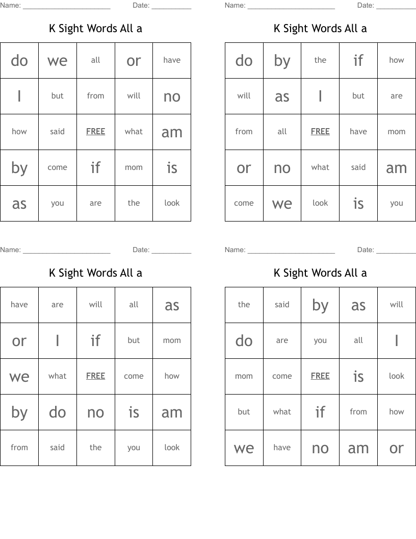 K Sight Words All a Bingo Cards