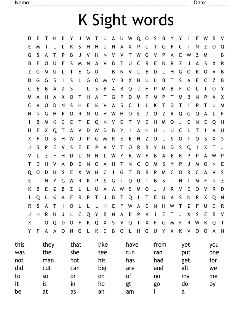 K Sight words Word Search