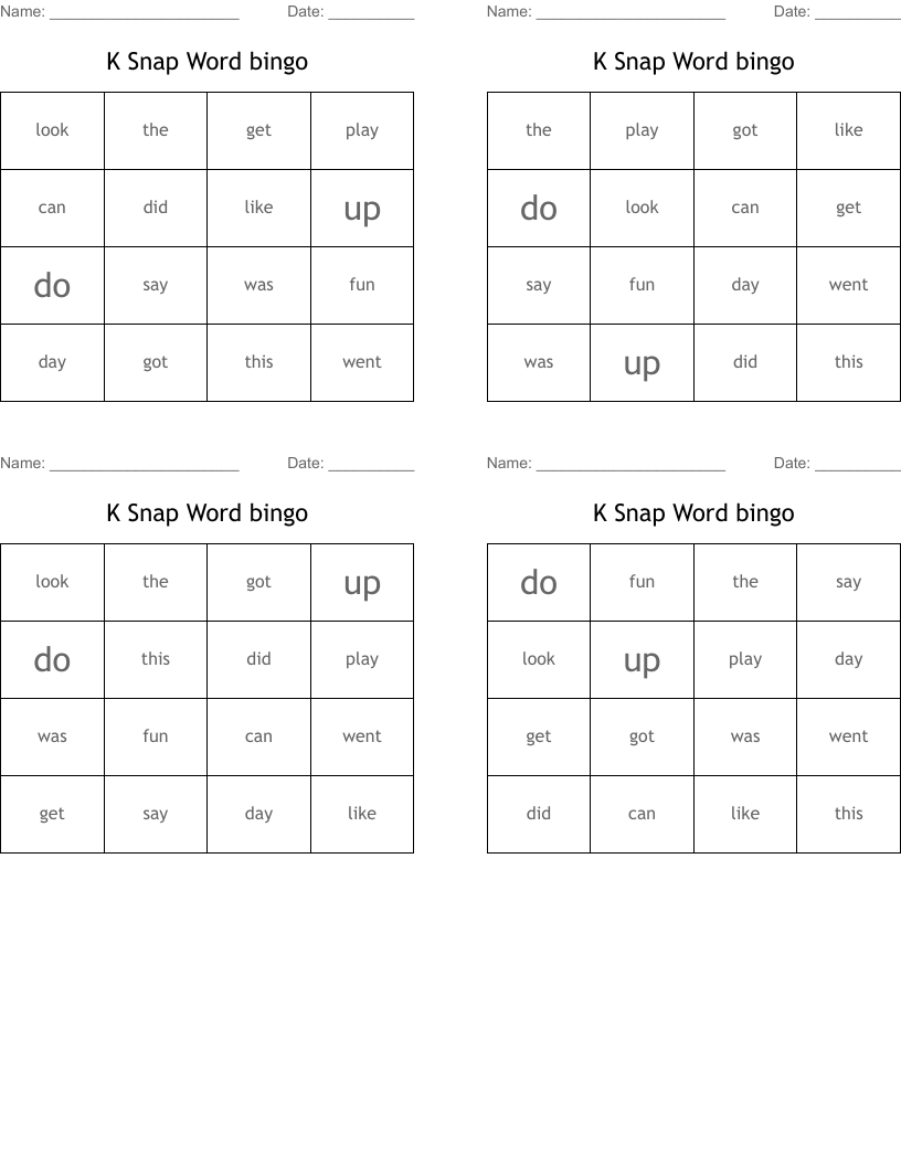 K Snap Word bingo