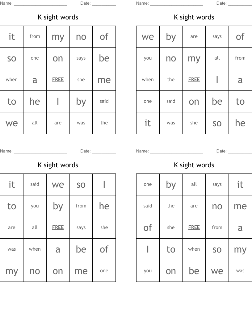 K sight words Bingo Cards