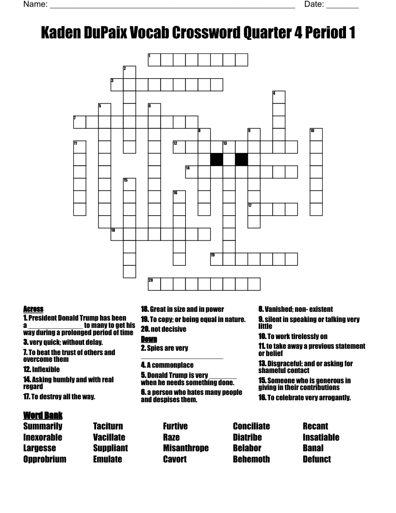 Kaden DuPaix Vocab Crossword Quarter 4 Period 1