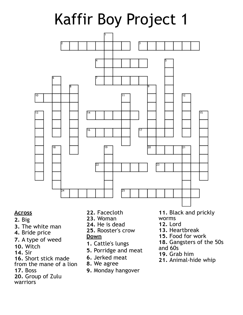 Kaffir Boy Project 1 Crossword