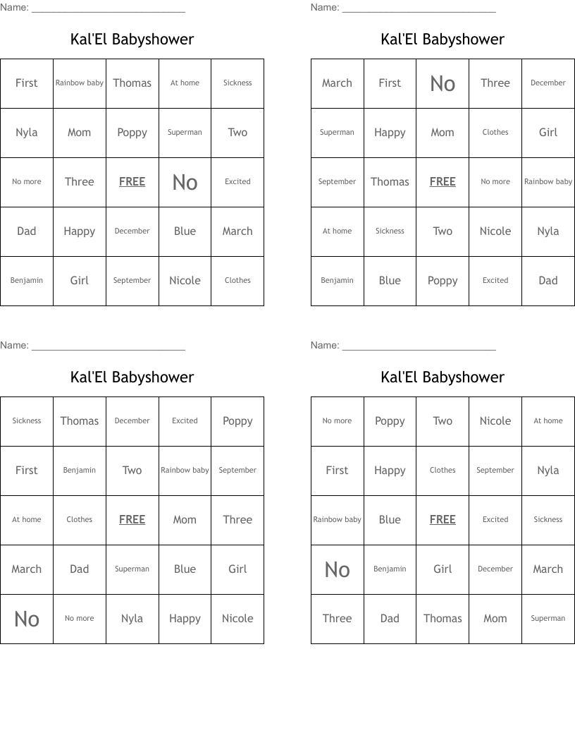 Kal'El Babyshower Bingo Cards