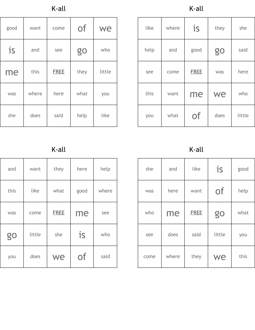 K-all Bingo Cards