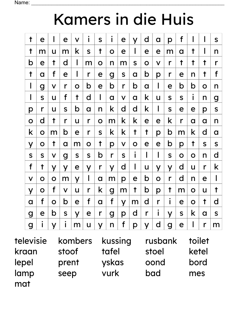 Kamers in die Huis Word Search