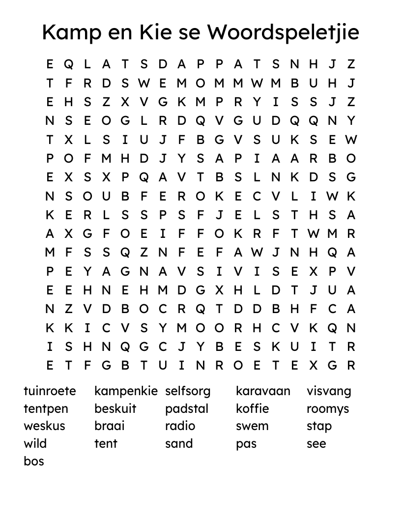 Kamp en Kie se Woordspeletjie Word Search