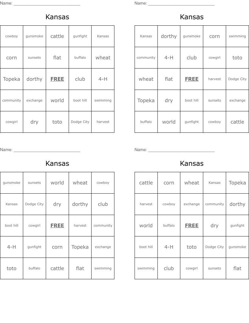 Kansas Bingo Cards