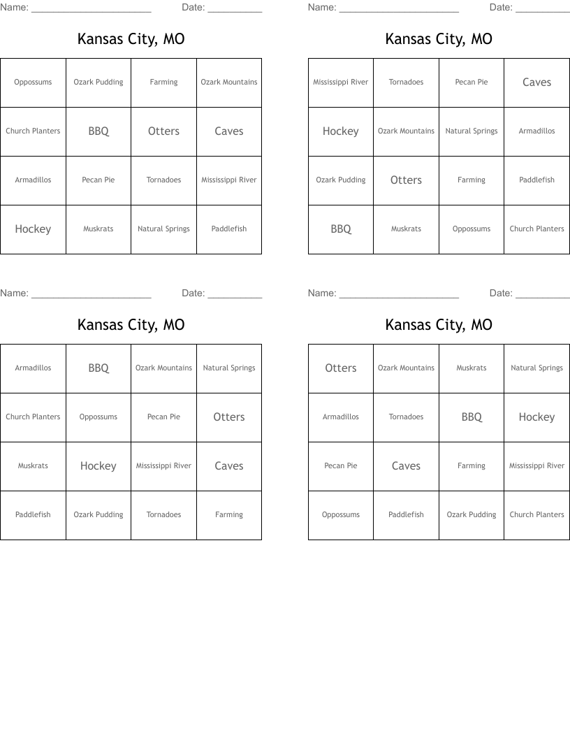 Kansas City, MO Bingo Cards