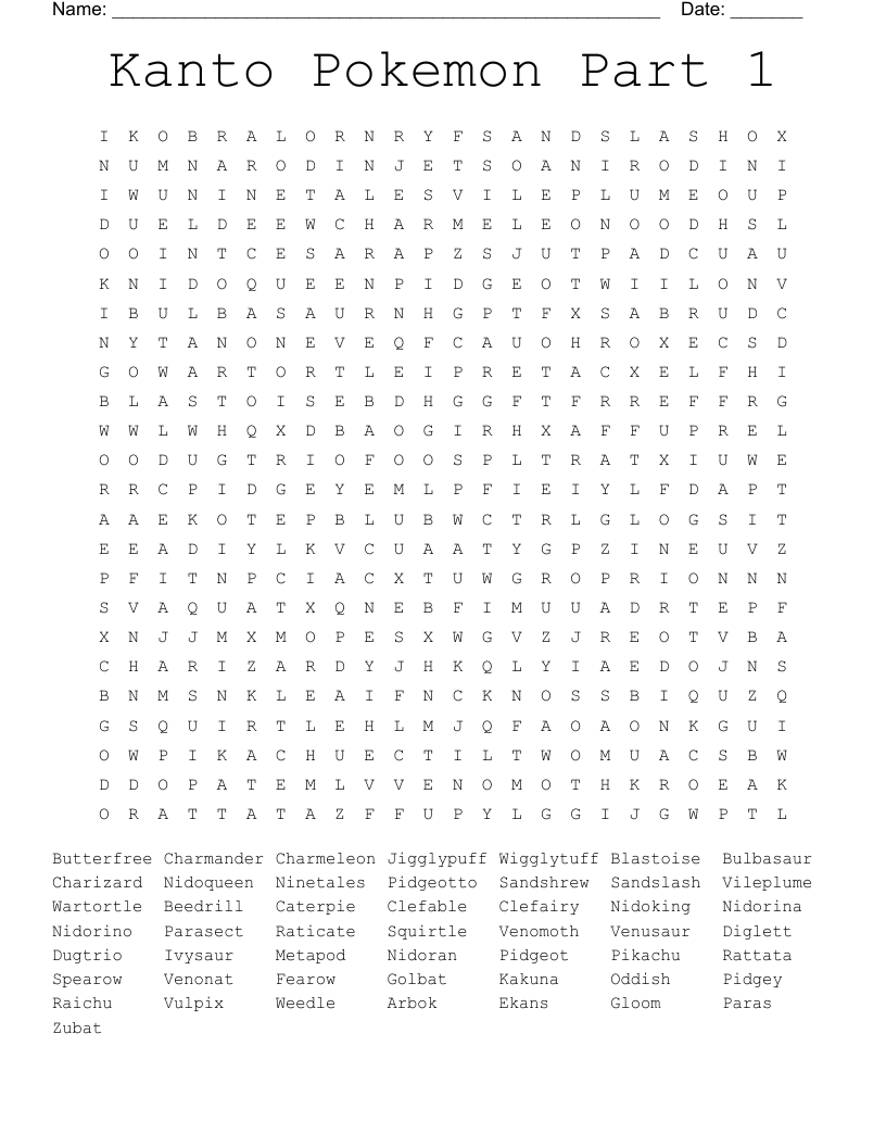 Kanto Pokemon Part 1 Word Search