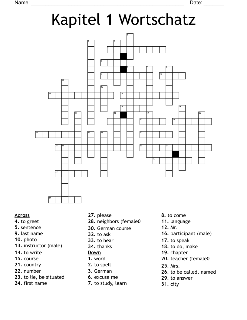 Kapitel 1 Wortschatz Crossword