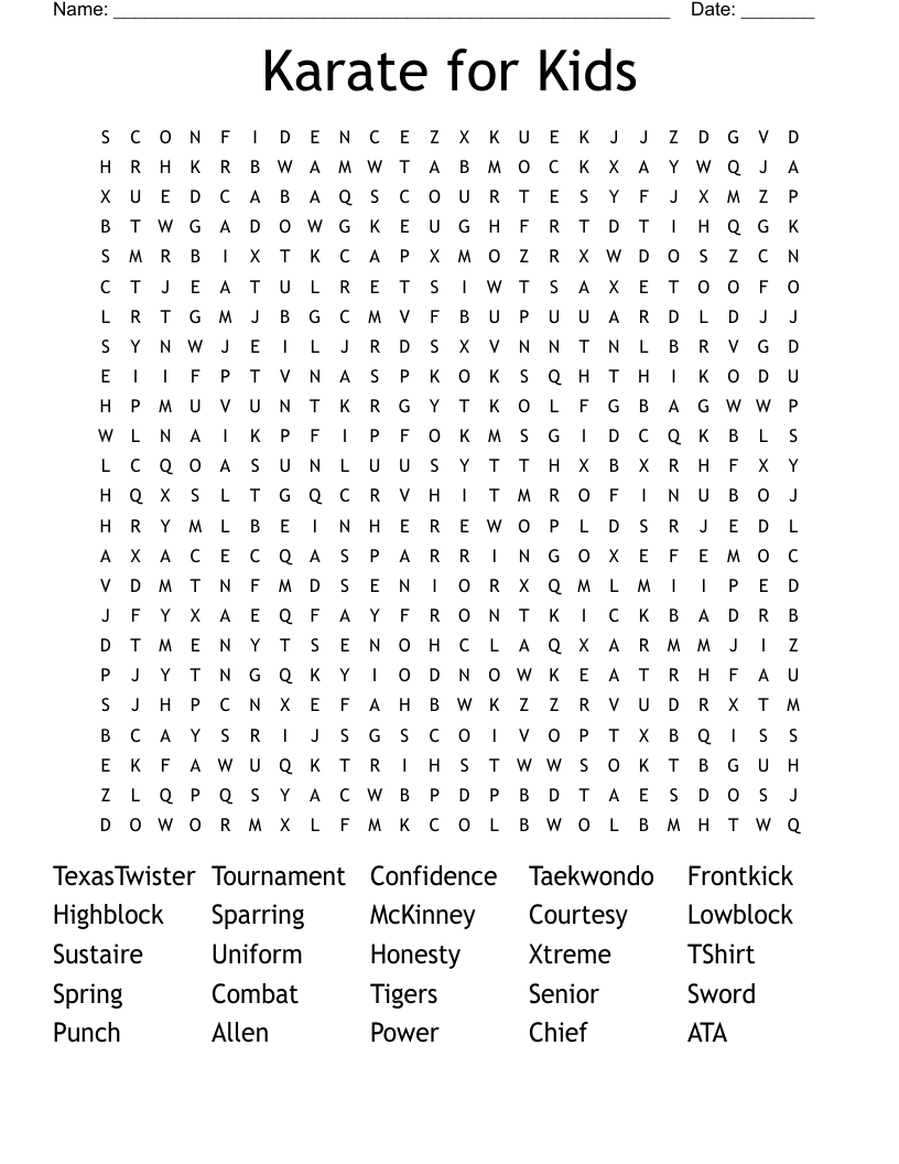 Karate for Kids Word Search