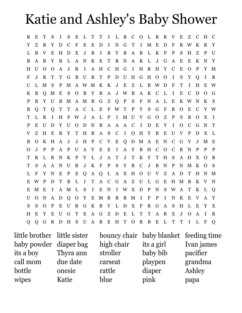 Katie and Ashley's Baby Shower Word Search