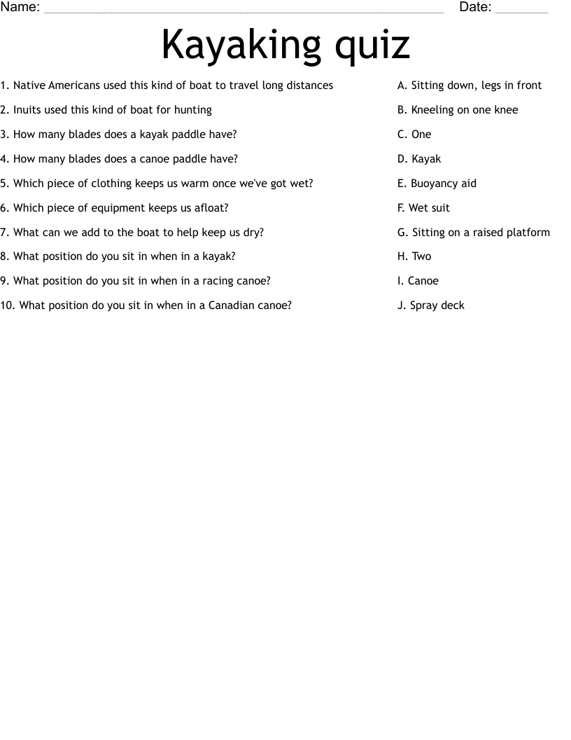 Kayaking quiz Worksheet