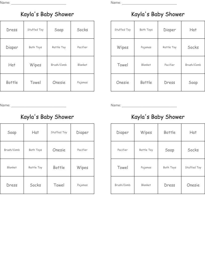 Kayla's Baby Shower Bingo Cards