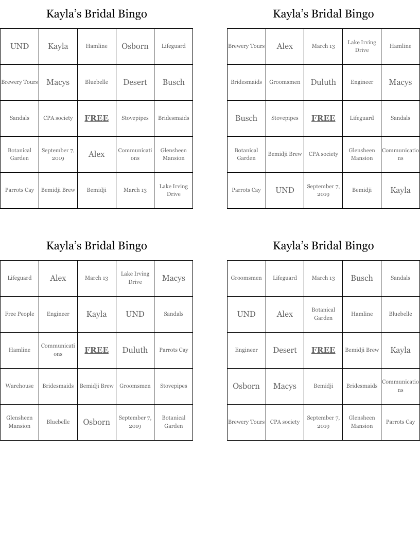 Kayla’s Bridal Bingo