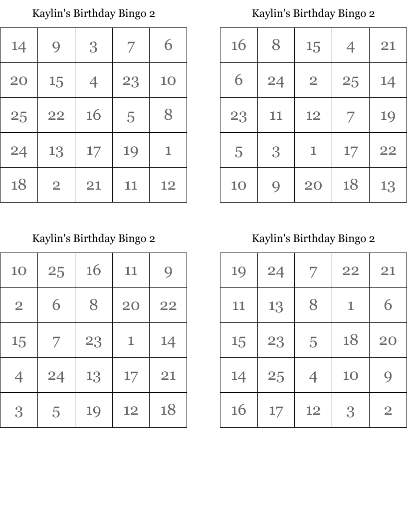 Kaylin's Birthday Bingo 2