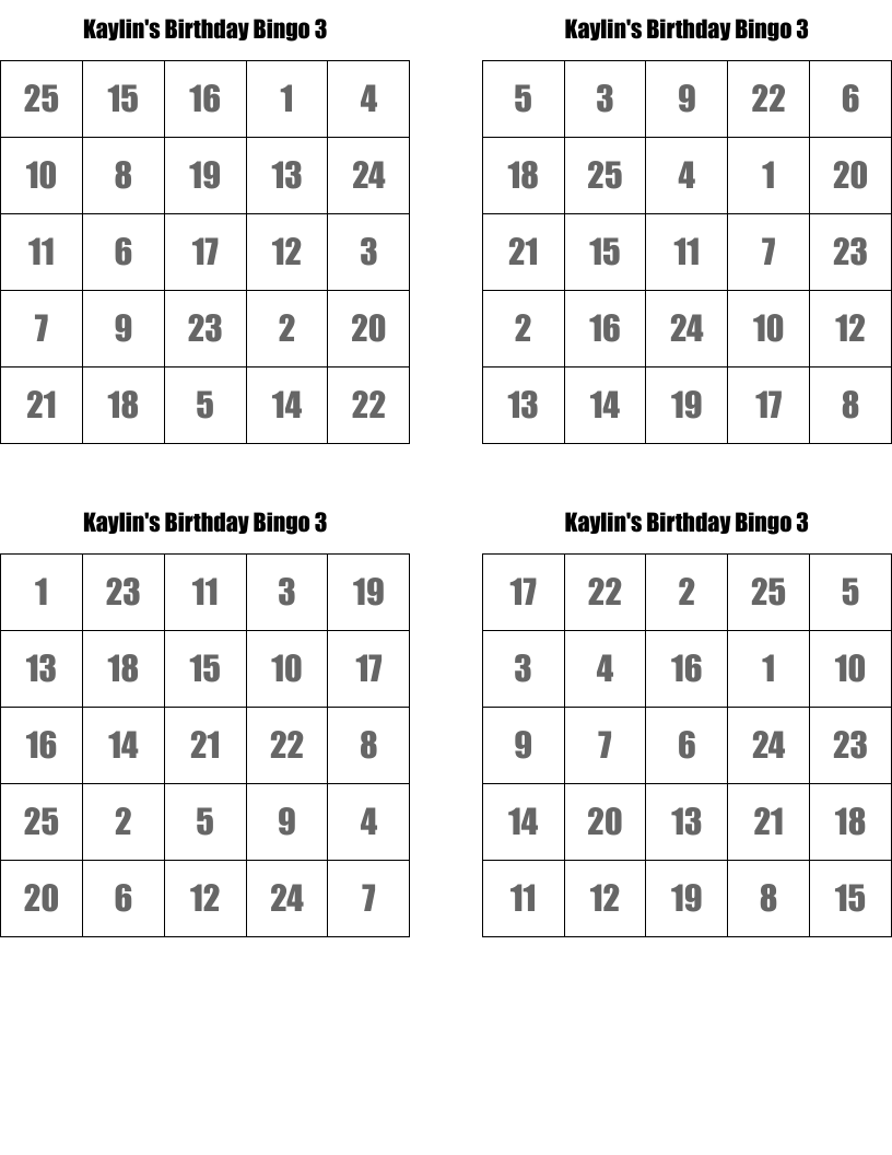 Kaylin's Birthday Bingo 3