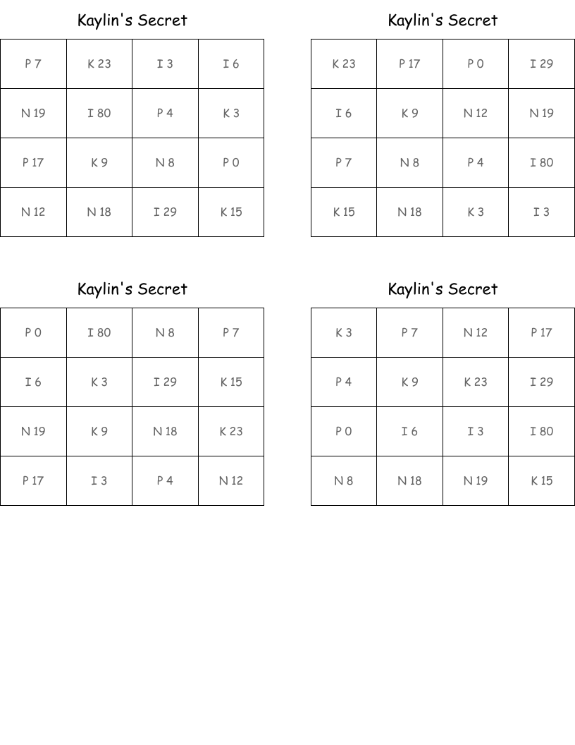 Kaylin's Secret  Bingo Cards