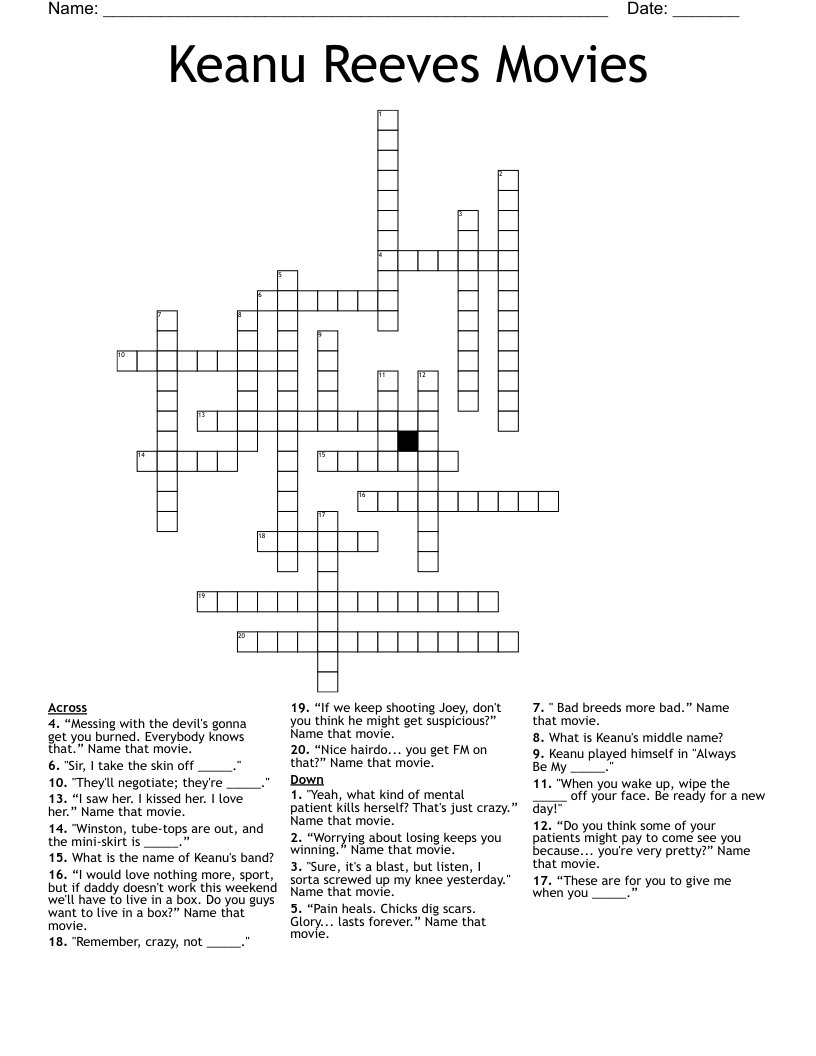Keanu Reeves Movies Crossword