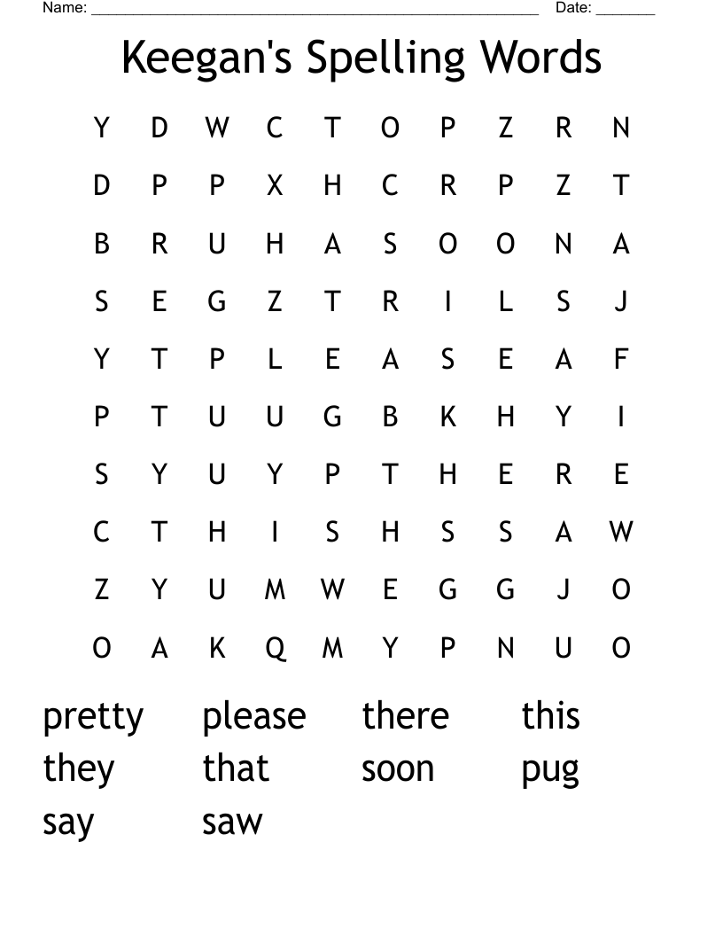 Keegan's Spelling Words Word Search