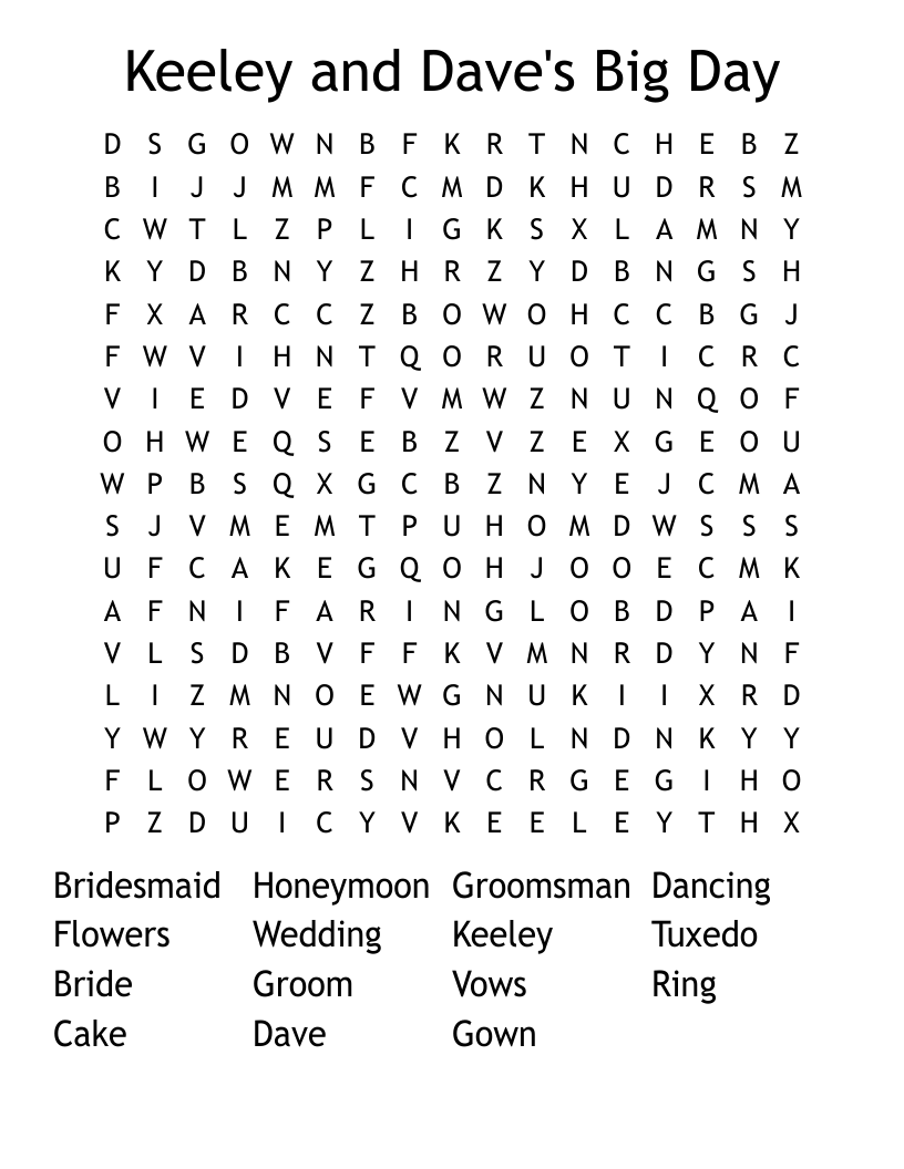 Keeley and Dave's Big Day Word Search