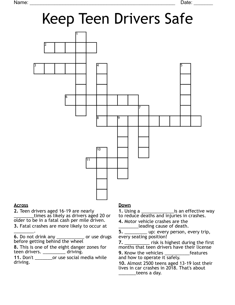 Keep Teen Drivers Safe Crossword