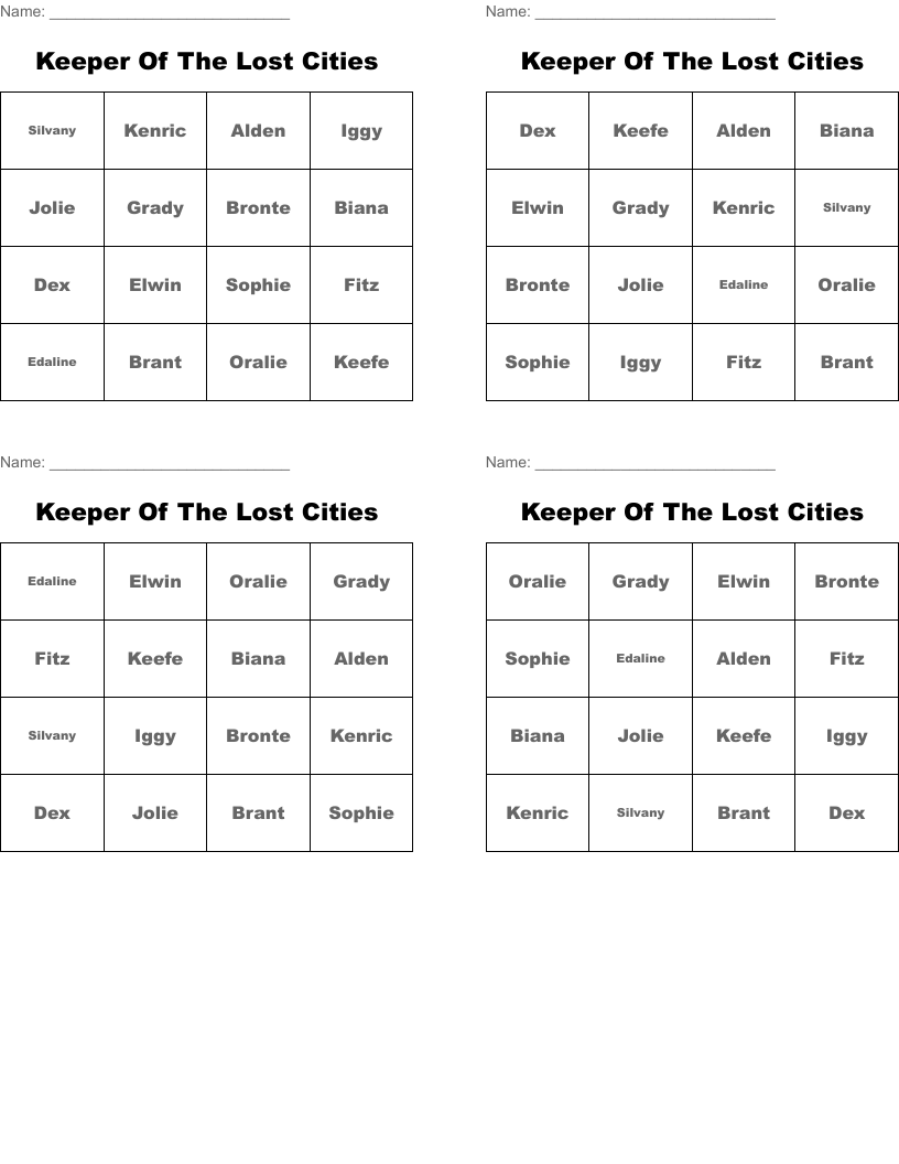 Keeper Of The Lost Cities Bingo Cards