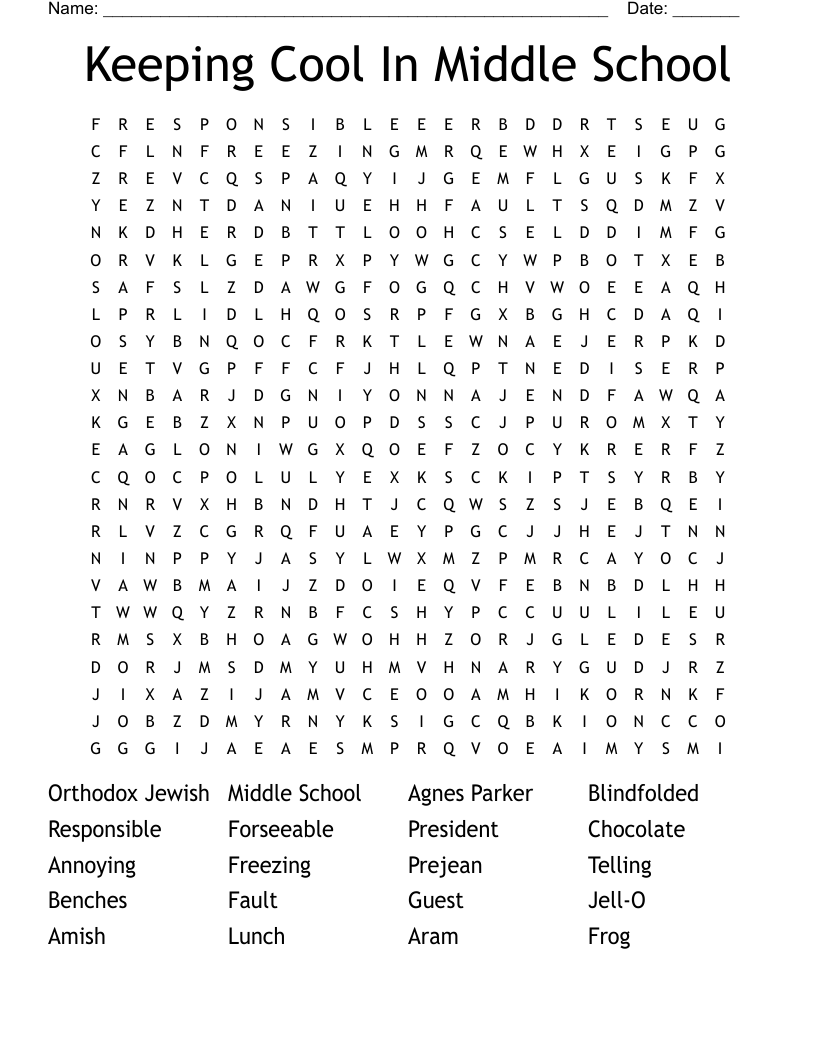 Keeping Cool In Middle School Word Search