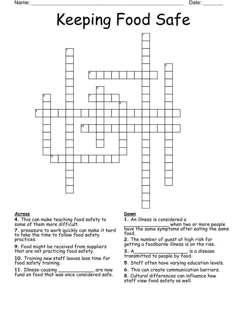 Keeping Food Safe  Crossword