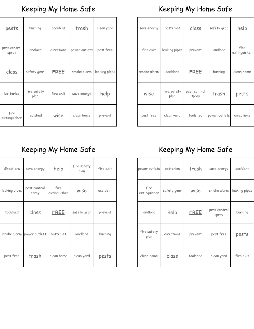 Keeping My Home Safe Bingo Cards