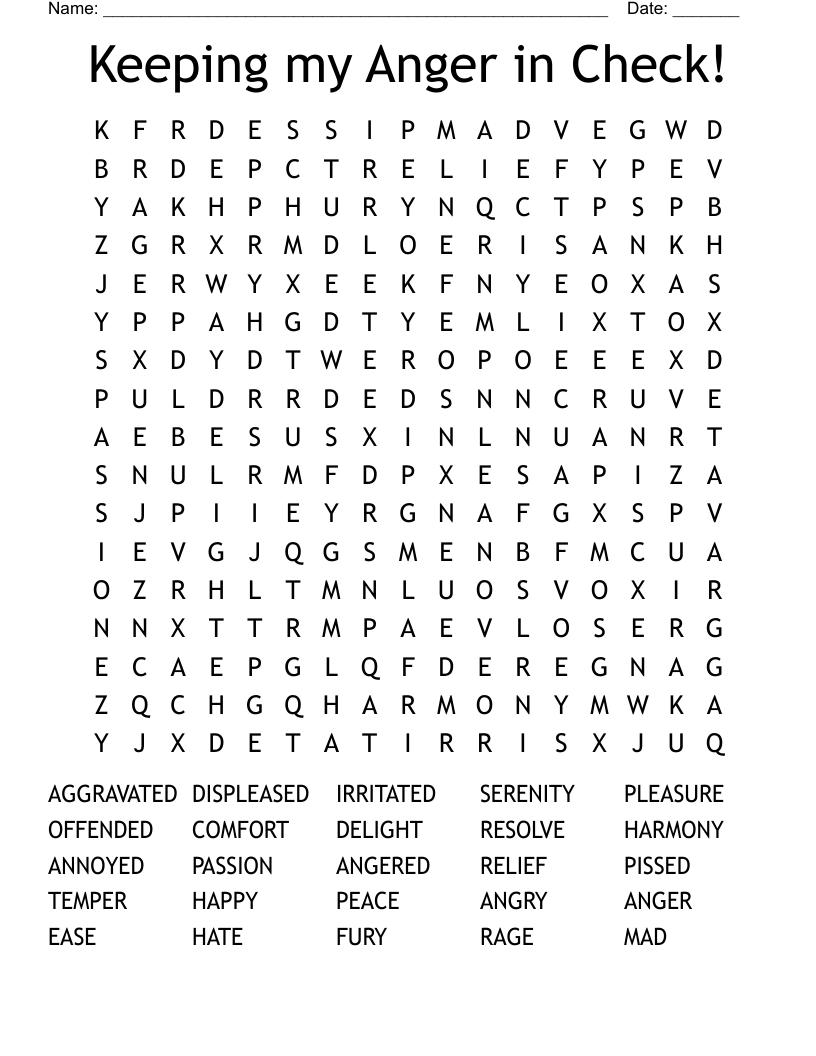 Keeping my Anger in Check! Word Search
