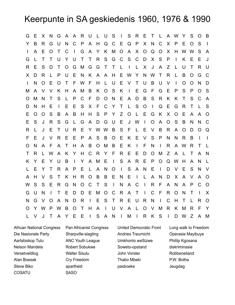 Keerpunte in SA geskiedenis 1960, 1976 & 1990 Word Search
