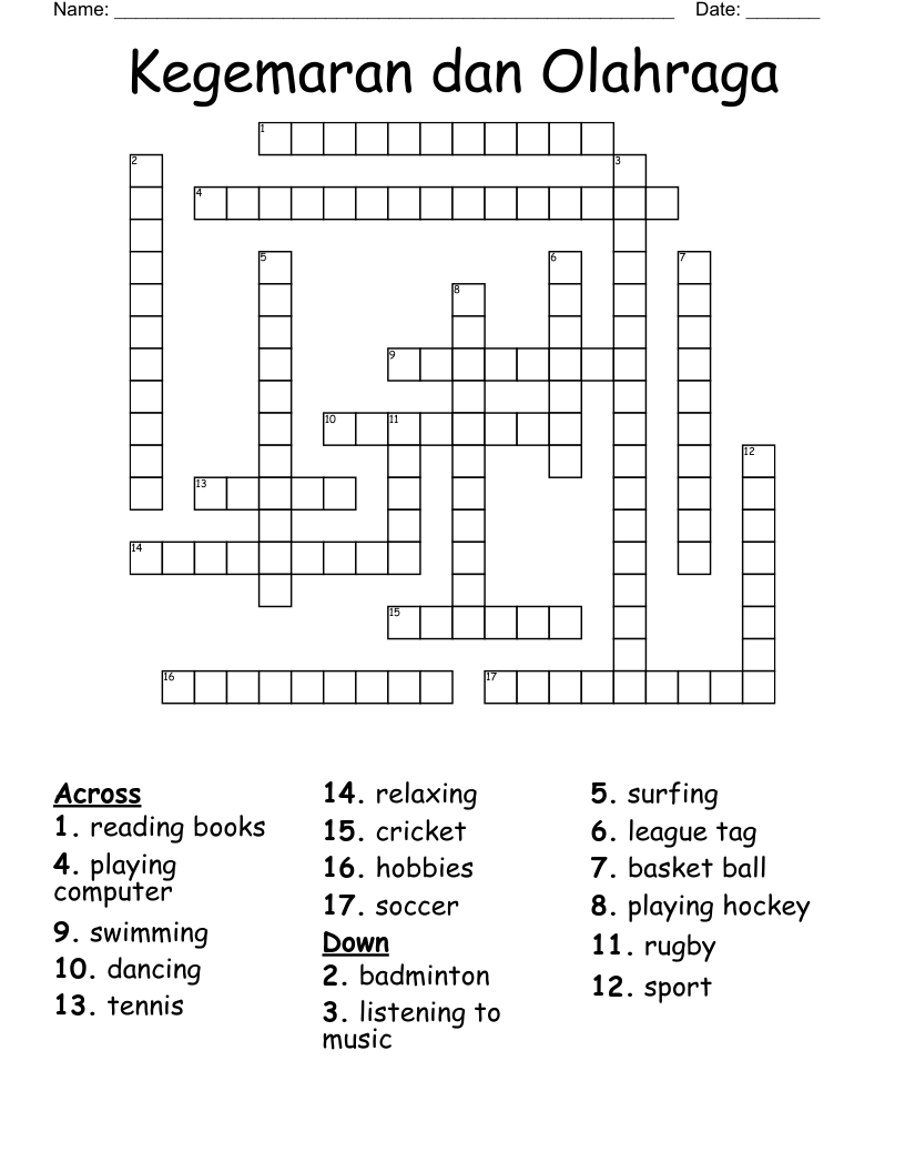 Kegemaran dan Olahraga Crossword