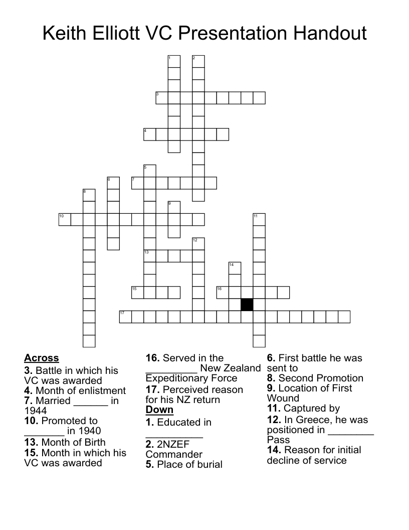 Keith Elliott VC Presentation Handout Crossword